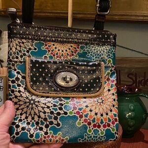 Fossil Key-Per Coated Canvas Crossbody "kaleidoscope" medallion print